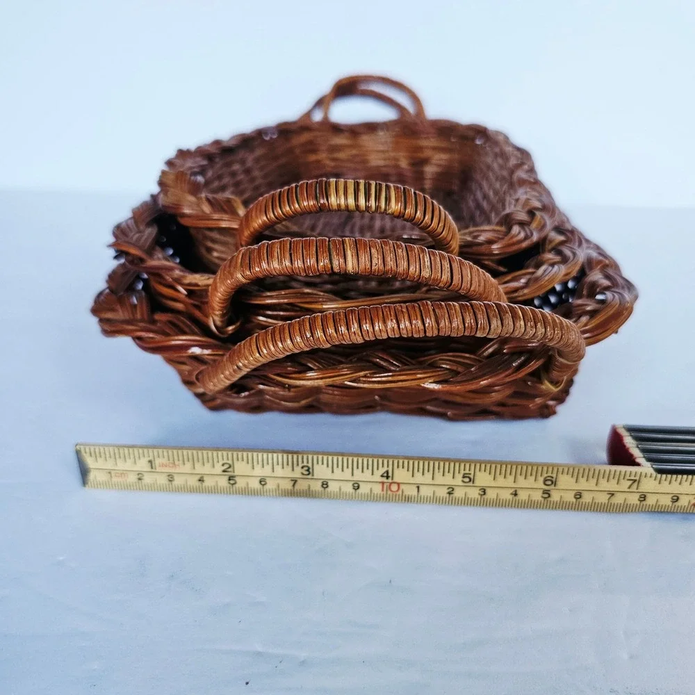 Vintage Nesting Wicker Baskets Set of 3 Braided Rim Rectangular Trays Boho Decor